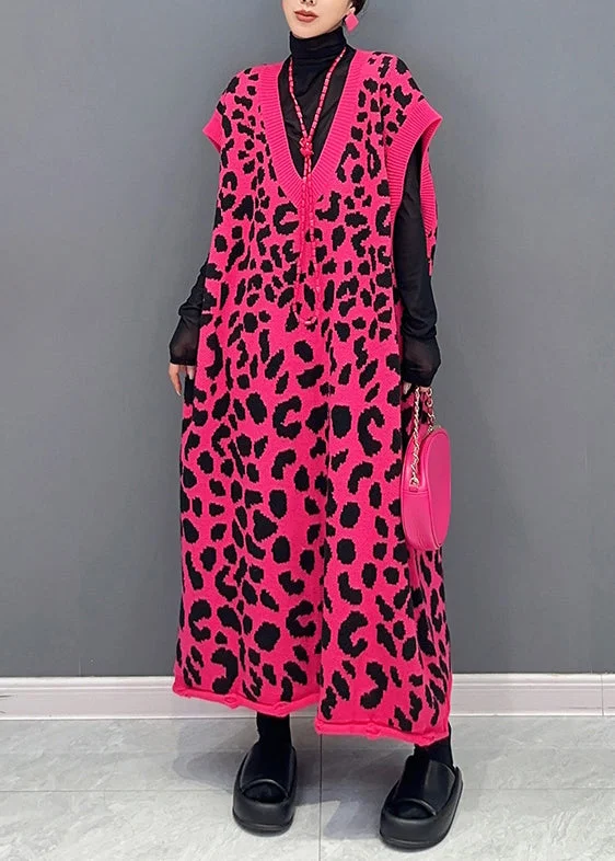 Beautiful Romance Plus Size Rose Leopard V Neck Cotton Knit Waistcoat Long Dresses Sleeveless