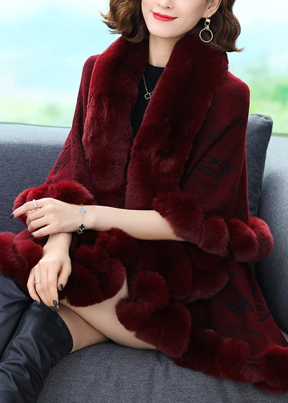 High-end Fabrics Plus Size Wine Red Fur Collar Print Patchwork Woolen Coat Fall