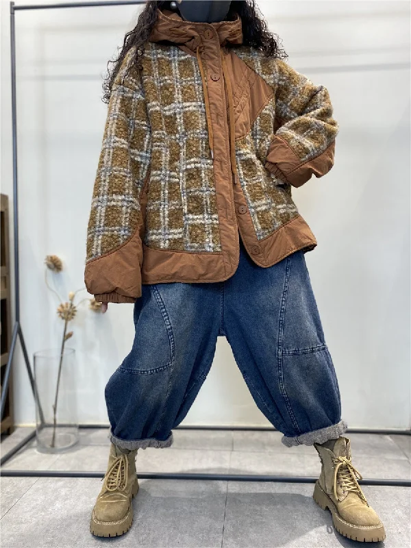 Single-shoulder Neck Design Plus Size Women Fashion Plaid Fleece Spliced Hooded Coat