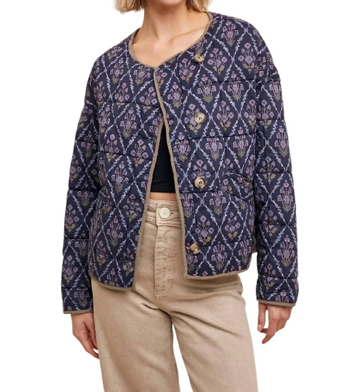 Fashion Selection Printed Quilt Jacket In Midnight Floral