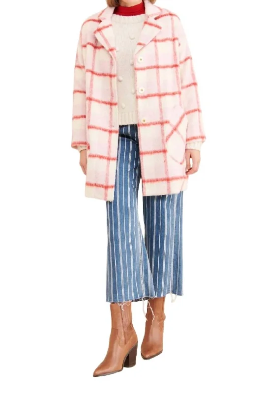 Slightly Flared Design Strawberry Plaid Coat In Pink Plaid