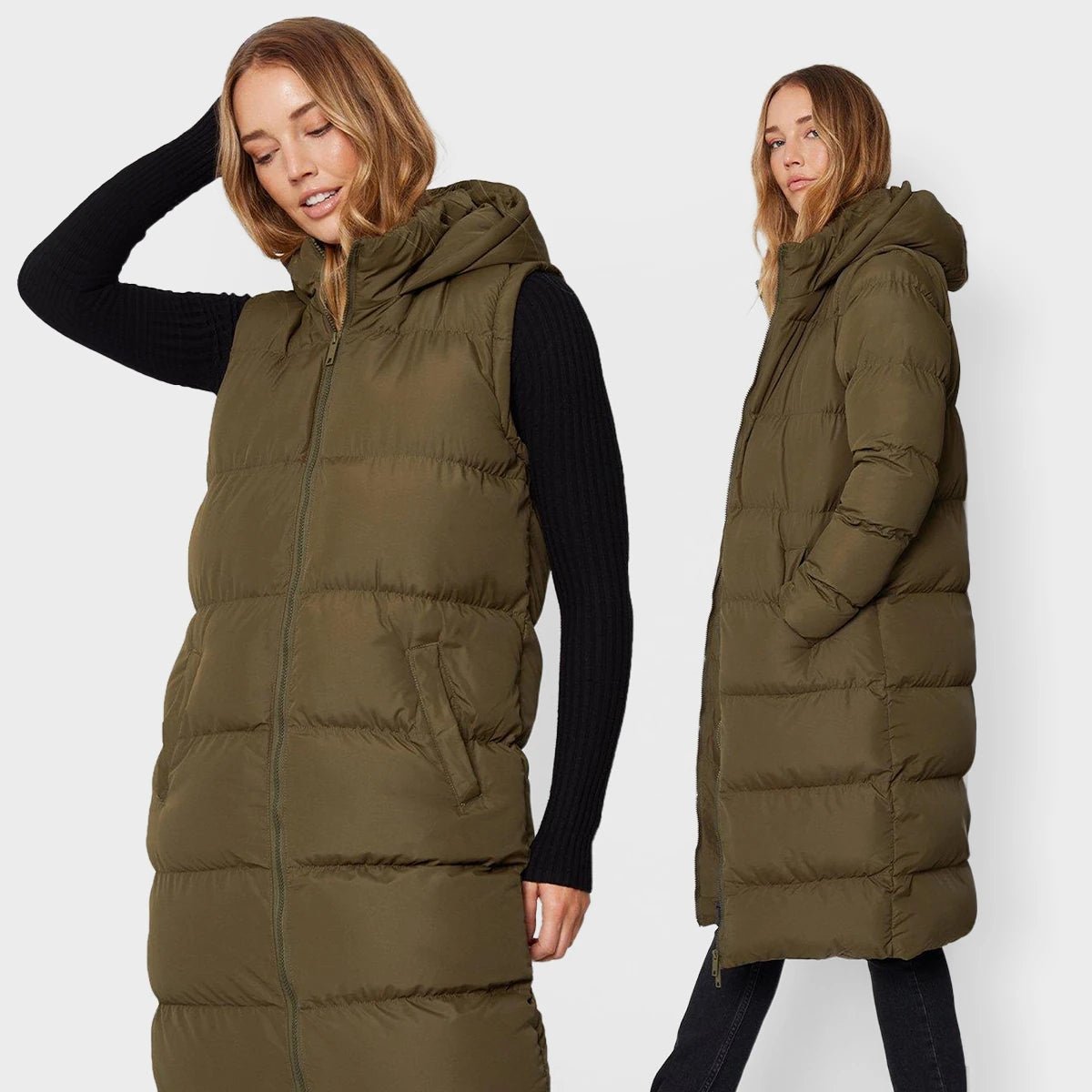 Celebrity Style Threadbare Longline Hooded Puffa with detachable sleeves.