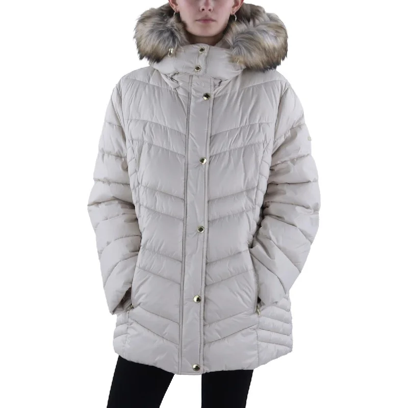High-end Fabrics Womens Faux Fur Trim Hooded Puffer Jacket