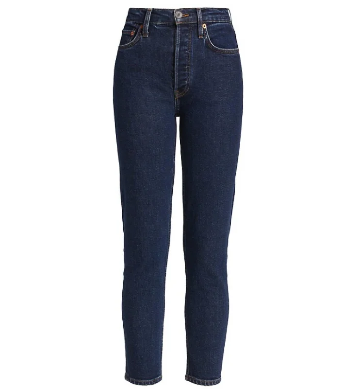 Chic Comfort Wear 70S Stove Pipe Dark Rinse 5 Pocket Style Cropped Denim Jeans In Dark Blue