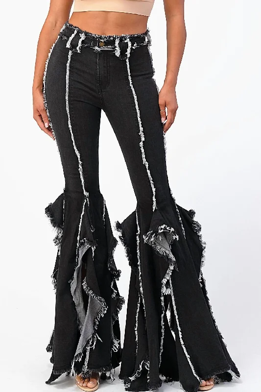 American Style Ruffle Flare Jeans In Black