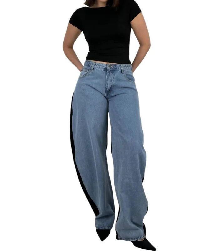 Fashion Comfort Two Tone Barrel Leg Jeans In Light Blue And Black