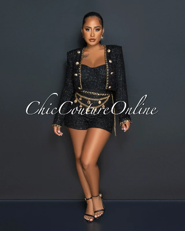 Timeless Comfort Arsenio Black Gold Link Tweed Romper w Jacket Set