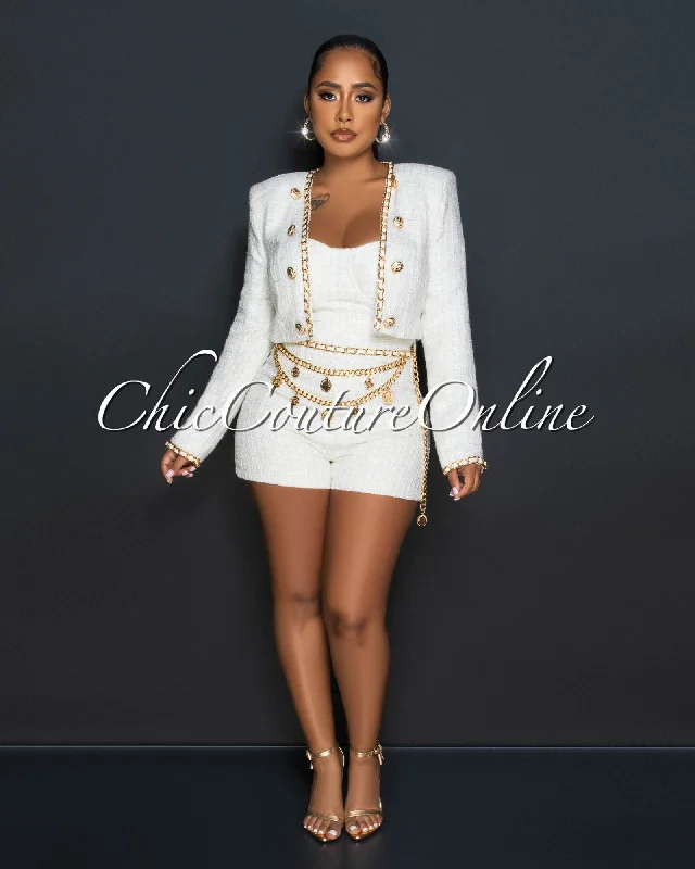 Breezy Style Arsenio Cream Gold Link Tweed Romper w Jacket Set