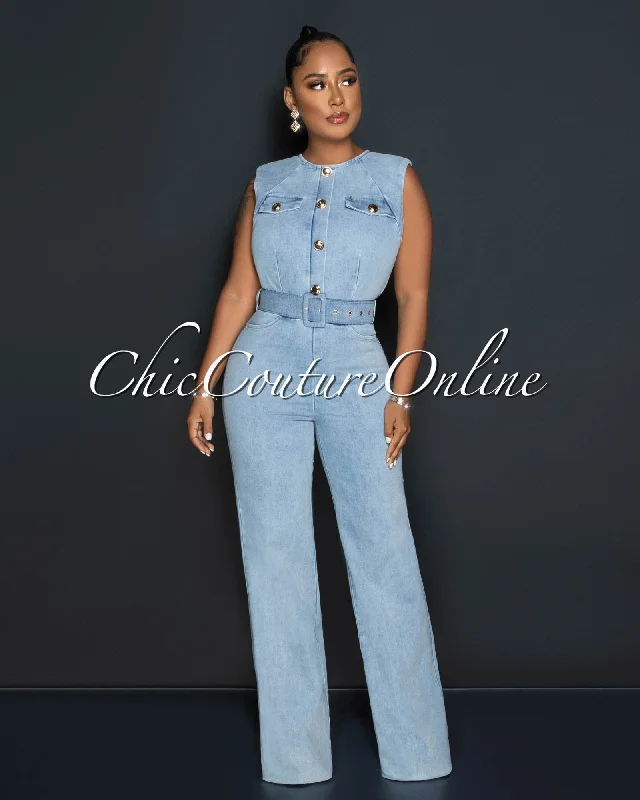 Minimal Comfort Barlow Light Denim Gold Buttons Belted Jumpsuit