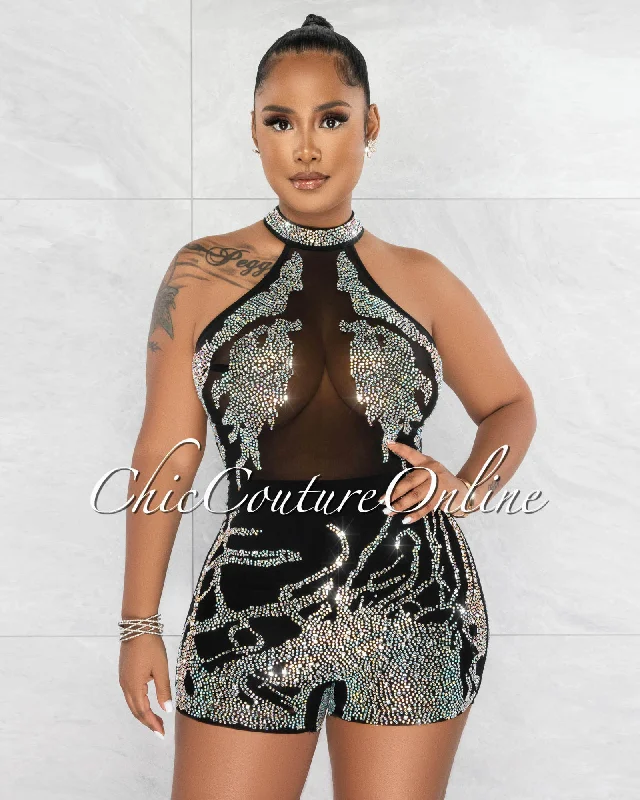 Chic Outfits Benjamin Black Mesh Iridescent Rhinestones Halter Romper