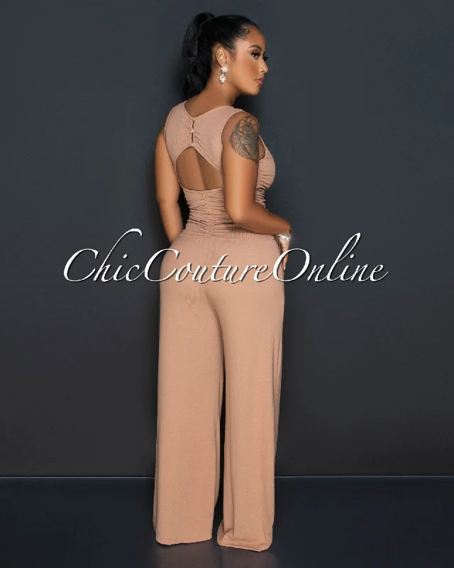 Effortless Style Beverly Mocha Ruched Bust Back Key-Hole Jumpsuit