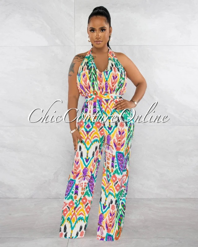 Cozy Essentials Wear Beya Ivory Multi-Print Pleated Top Halter Jumpsuit