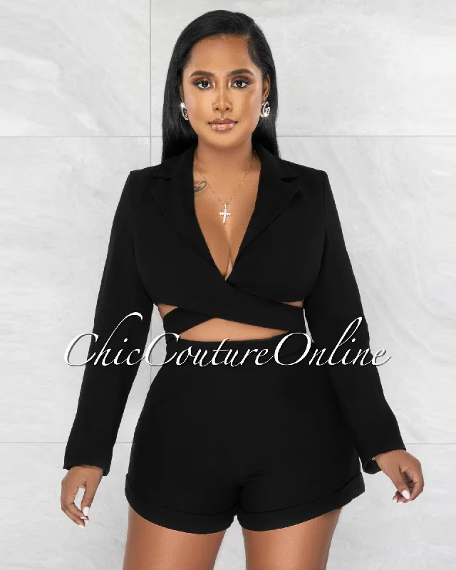 Beautiful Romance Bianca Black Collared Cut-Out Waist Romper