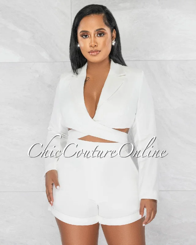 Customized Version Bianca Off-White Collared Cut-Out Waist Romper