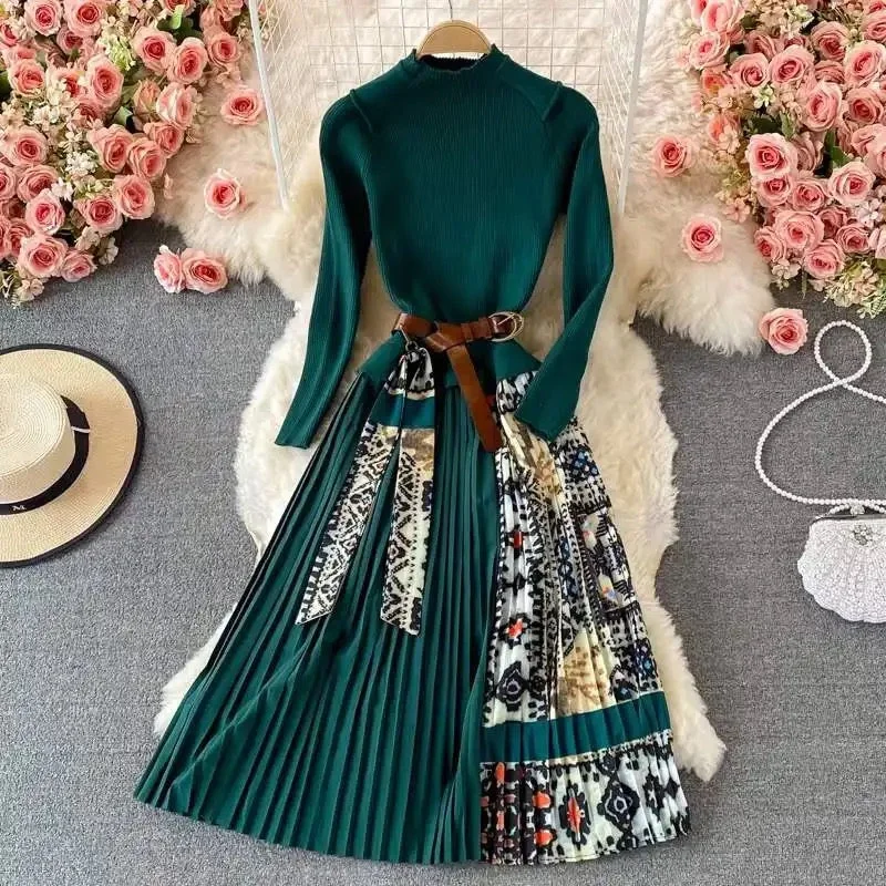 Denim Design Bianca Pleated Woolen Dress with Belt