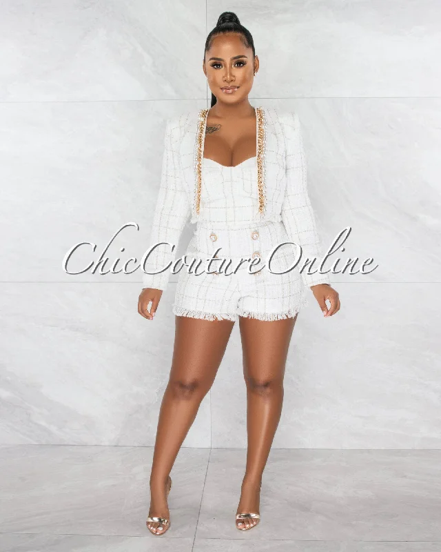Casual Comfort Cadean Cream Pearls Gold Link Tweed Romper w Jacket Set