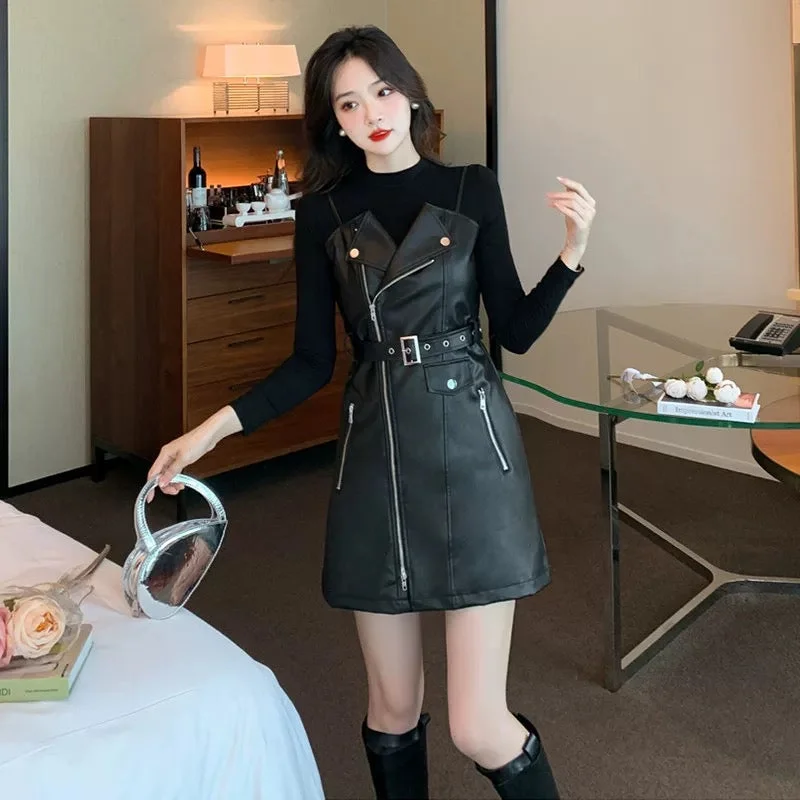 Youthful Street Fashion Champel PU Leather Dress in Black