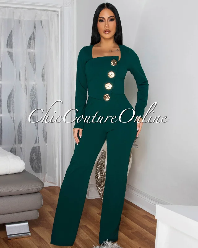 End Of The Year Ednella Hunter Green Gold Accent Button Long Sleeves Jumpsuit