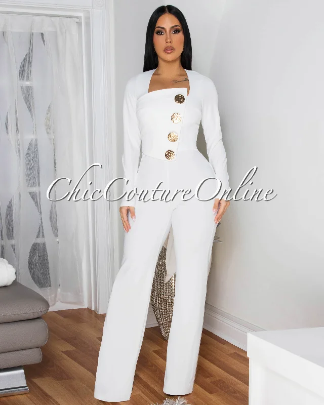 Simple Solid Color Ednella Off-White Gold Accent Button Long Sleeves Jumpsuit