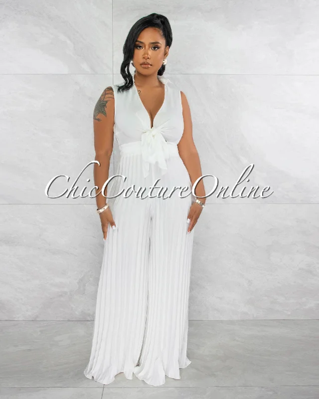 Classic Comfort Glenis Off-White Front Tie Pleated Legs Silky Jumpsuit