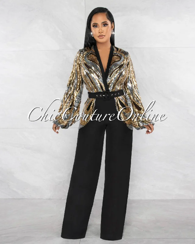 Classic Series Grande Black Gold SIlver Sequins Top Belt Jumpsuit