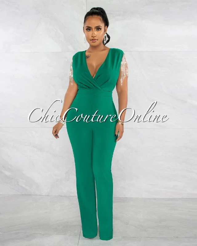 Effortless Looks Grazia Hunter Green Rhinestones Fringe Open Back Jumpsuit