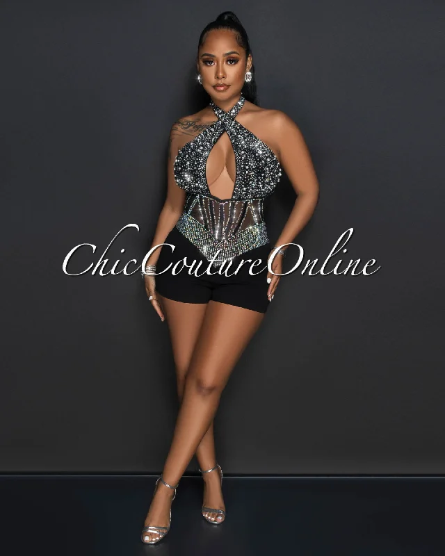 Relaxed Fit Wear Gregor Black Mesh Iridescent Rhinestones Halter Romper