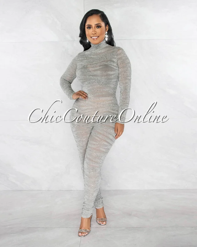 Knitted Design Henry Silver Shimmer Zebra Print Sheer Mesh Jumpsuit