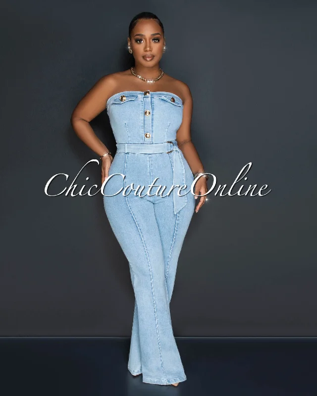 Light Comfort Jenia Light Denim Gold Buttons Belted Strapless Jumpsuit