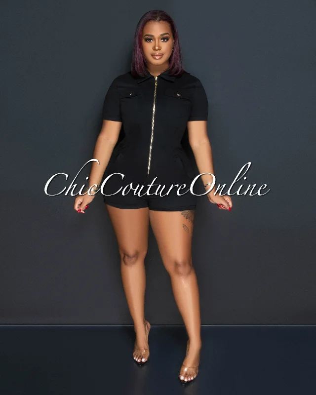 Comfortable Fashion Jenna Black Gold Zipper Utility Romper