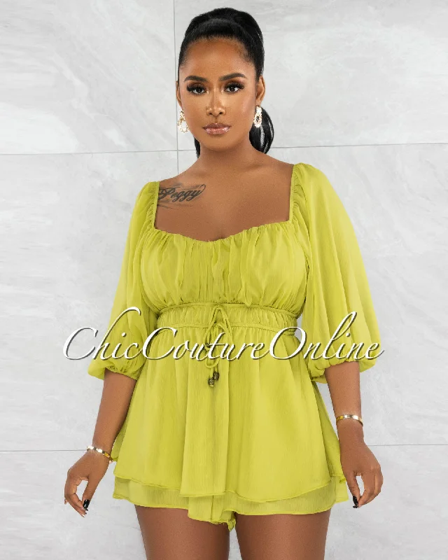 Elegant Casuals Jordan Olive Green Overlay Ruffle Shift Romper