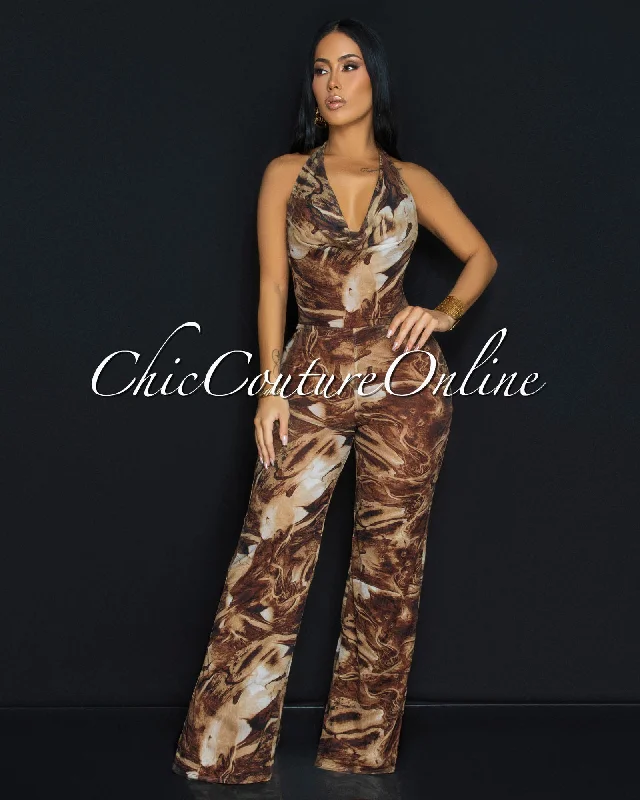 Design Perception Juvie Chocolate Brown Mesh Halter Wide Legs Jumpsuit