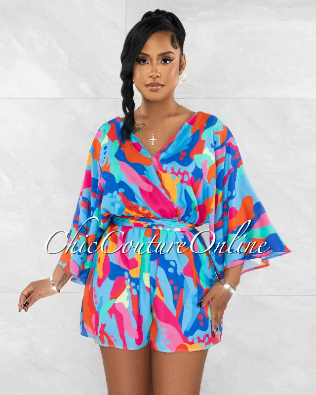 Elegant And Lazy Keisha Blue Multi-Color Print Wide Sleeves Romper