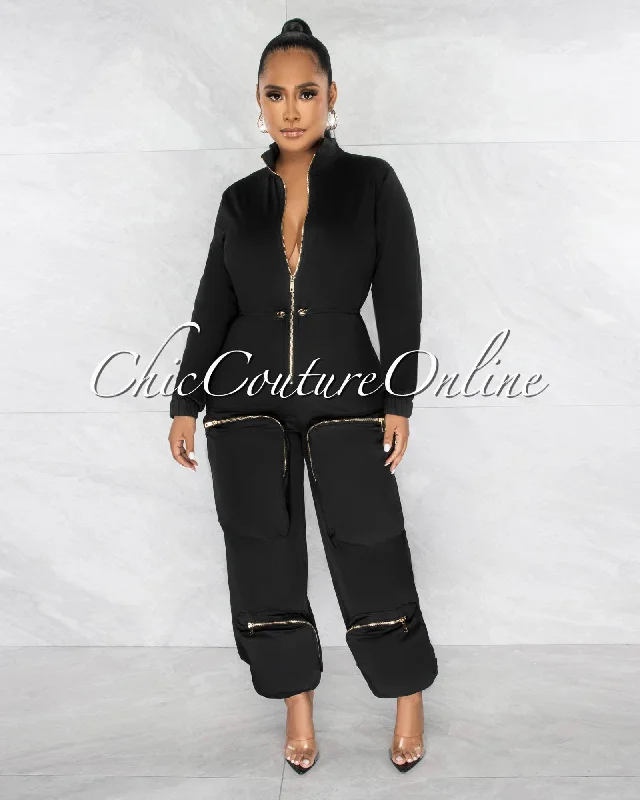 Comfortable Lounge Wear Kenta Black Gold Zippers Cargo Pockets Utility Jumpsuit