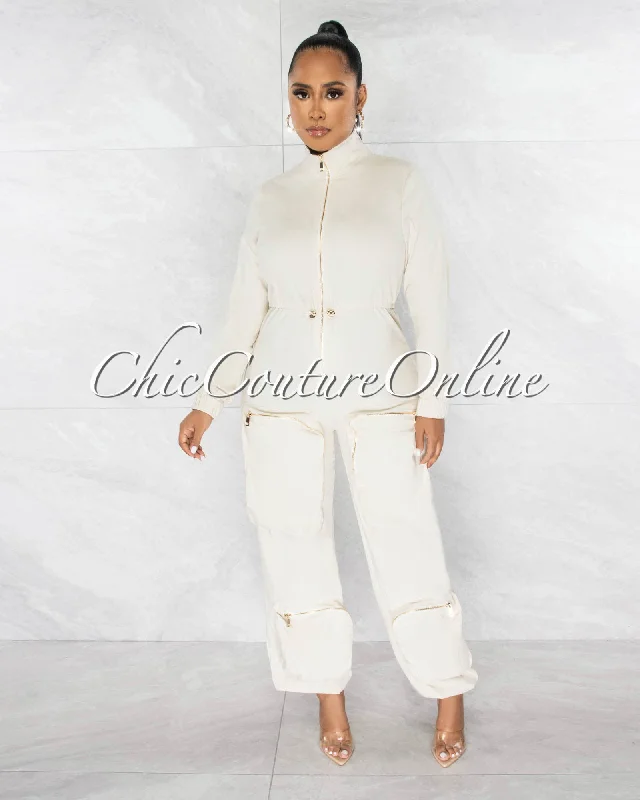 Comfortable Fitwear Kenta Nude Gold Zippers Cargo Pockets Utility Jumpsuit