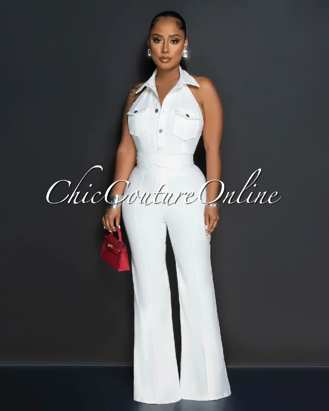 Light Fit Licia Off-White Collared Halter Denim Jumpsuit