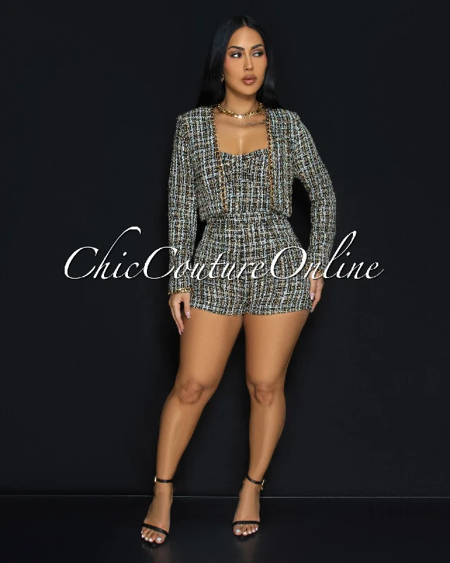 Playful Style Marcelley Black White Gold Link Tweed Romper w Jacket Set