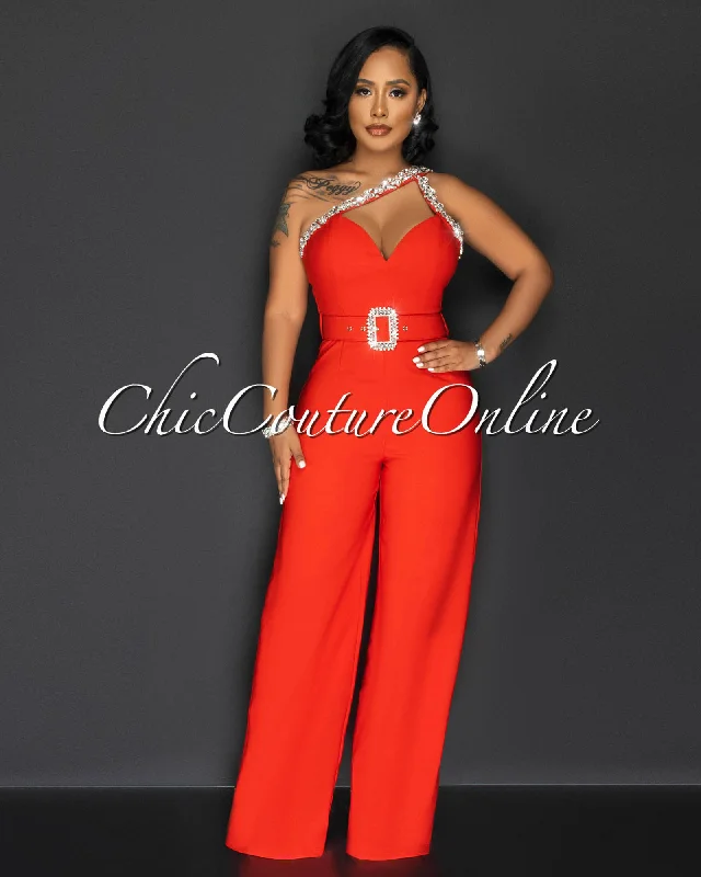 Street Fashion Montse Red Rhinestones Neckline Silver Buckle Belt Jumpsuit
