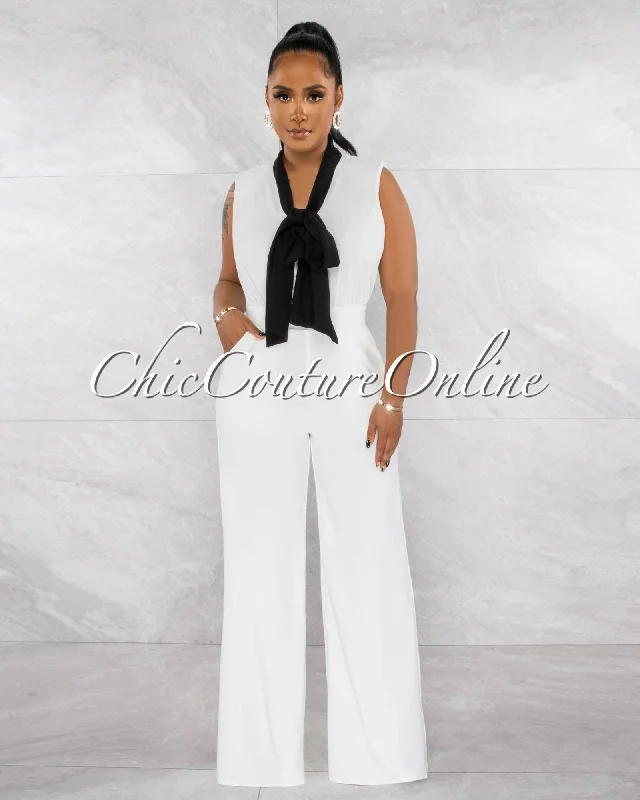 Soft Wearables Medusa Off-White Black Neck-Tie Wide Legs Jumpsuit