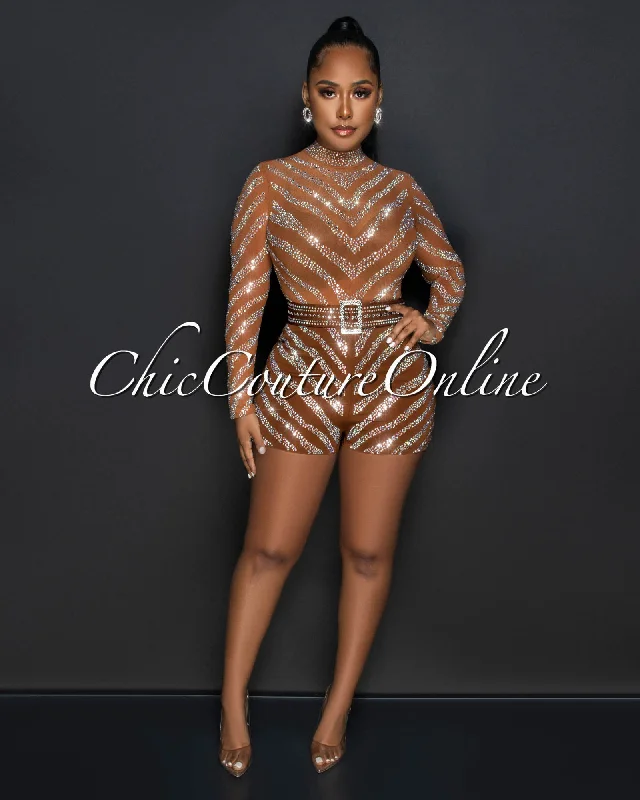 Comfy Chic Wear Megha Cognac Iridescent Rhinestones Square Buckle Belt Romper