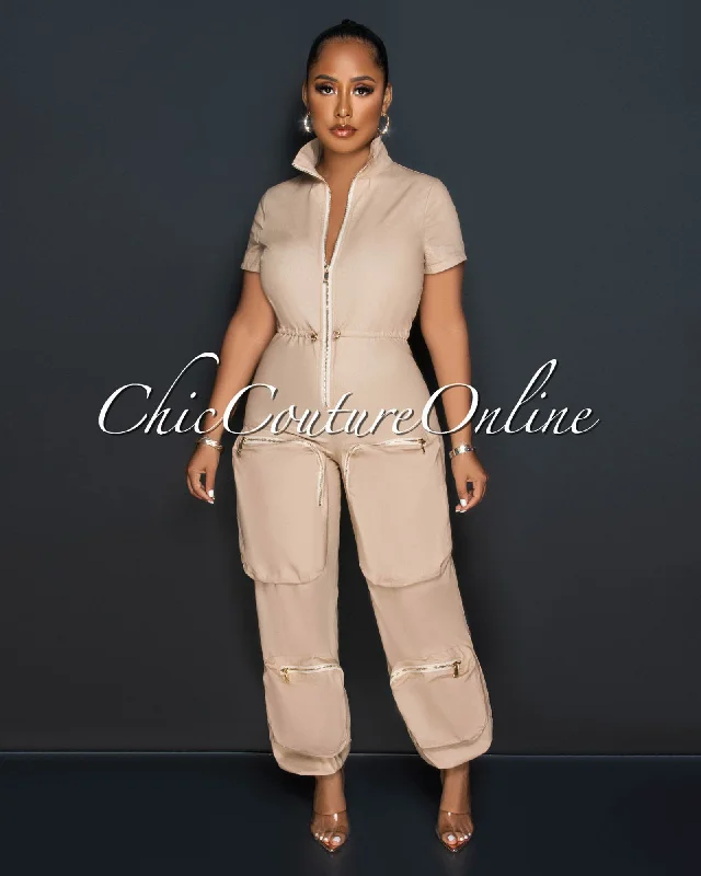 Sporty Elegance Morcan Nude Cargo Pockets Jogger Jumpsuit