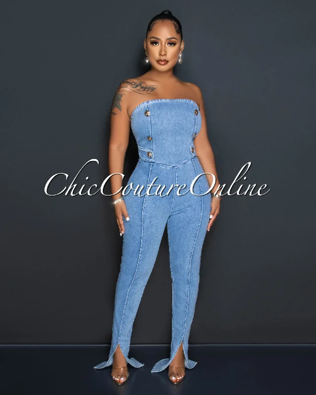 Trendy Comfort Morgan Light Denim Gold Buttons Strapless Jumpsuit