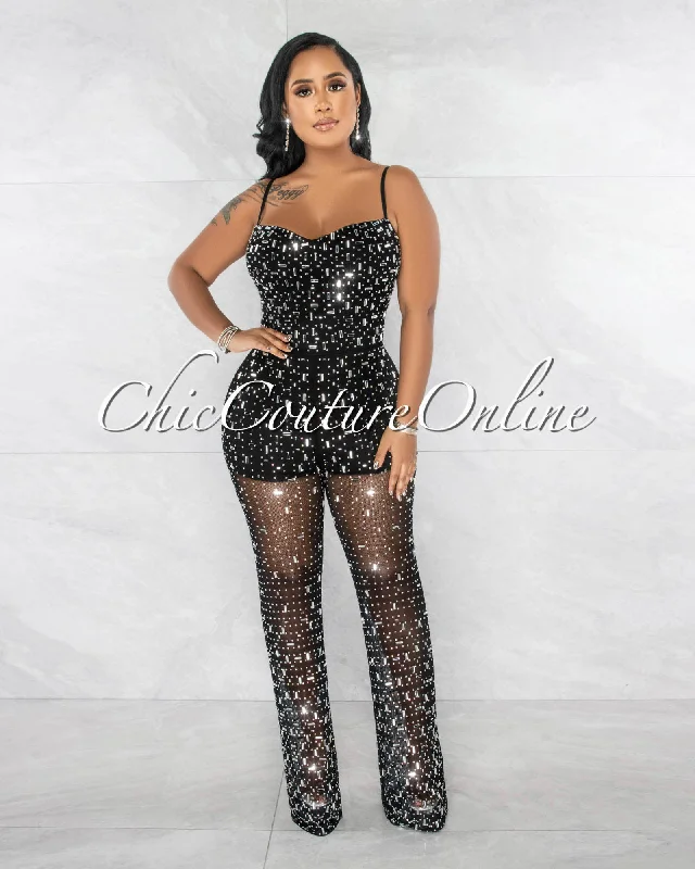 Cozy Knits Nikola Black Silver Rhinestones Mesh Sheer Legs Jumpsuit