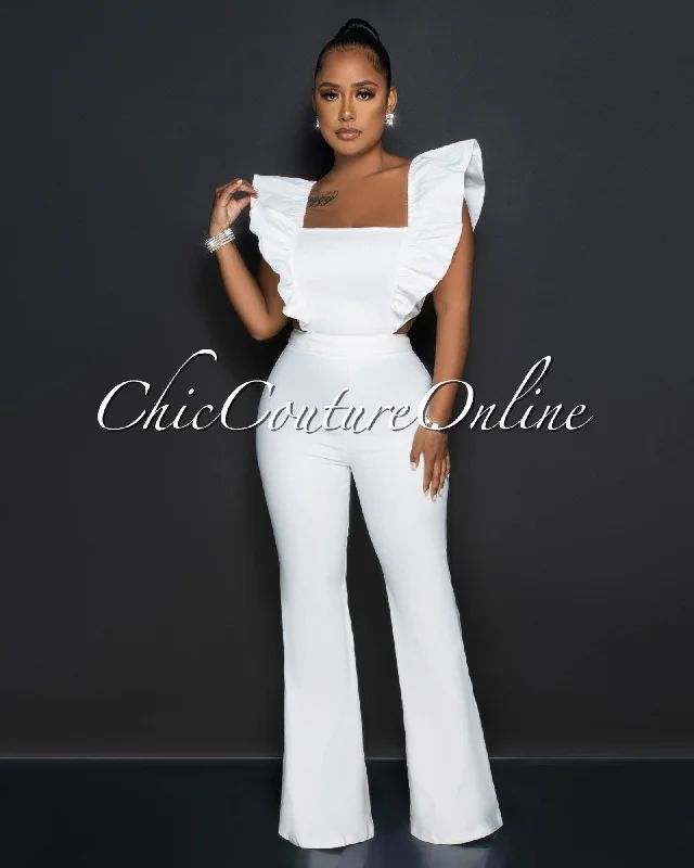 Comfortable Looks Nori Off-White Ruffle Cut-Out Denim Jumpsuit
