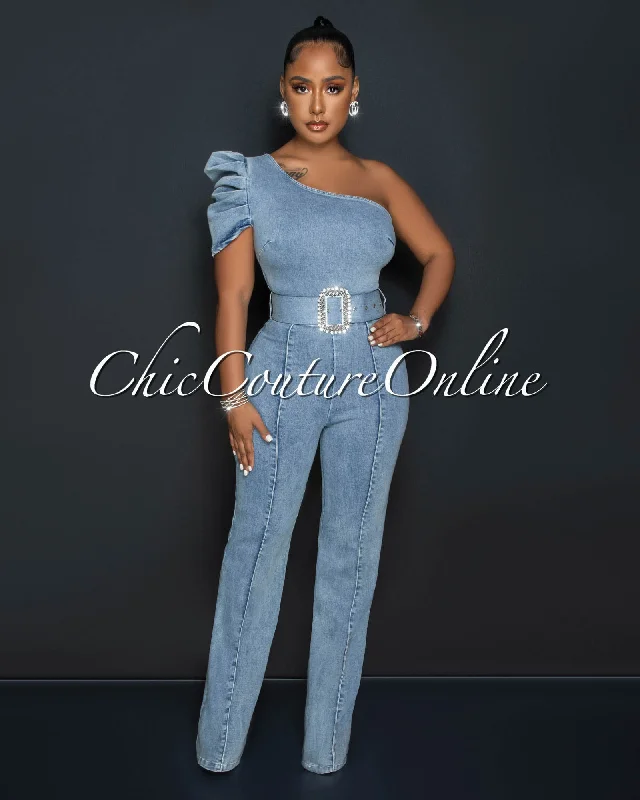 Trendy Casuals Olimpo Light Denim Single Shoulder Rhinestones Buckle Belt Jumpsuit