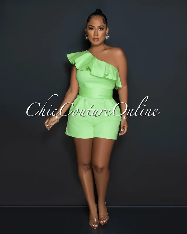 Easy-to-Wear Paloma Apple Green Single Shoulder Ruffle Denim Romper