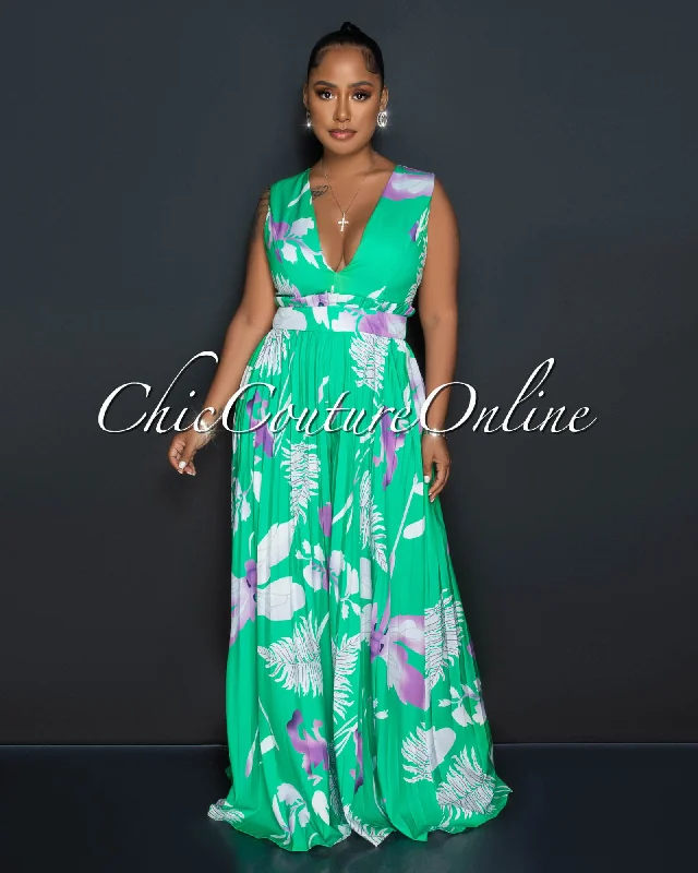 Versatile Wear Prisca Green Lilac Print V-Neck Pleated Jumpsuit