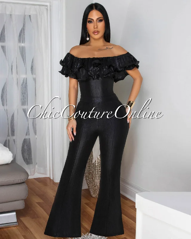 French Style Quasia Black High-Shine Off-The-Shoulder Jumpsuit