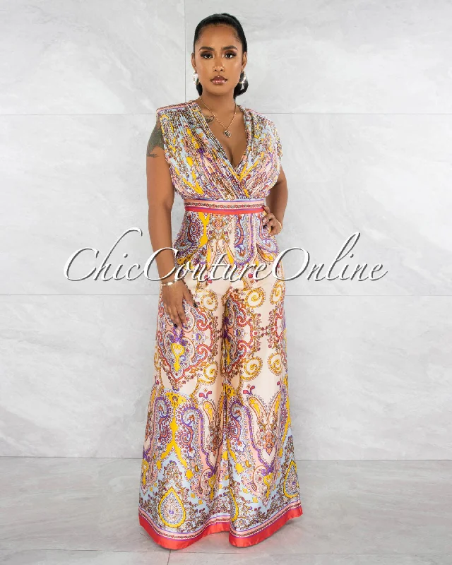 Cozy Fitting Regia Nude Multi-Color Print Pleated Silky Jumpsuit
