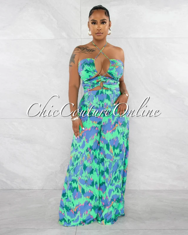 Everyday Chic Rhawn Blue Green Print Front Cut-Out Lace-Up Jumpsuit